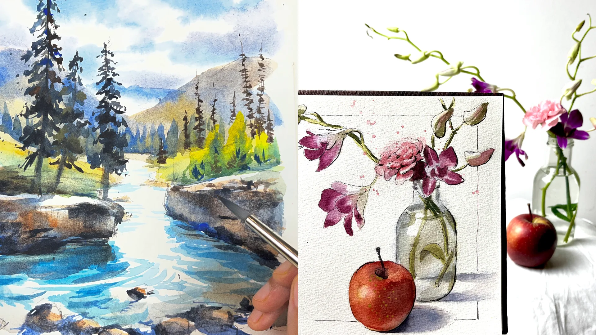 Watercolour journal artwork from the workshop: a pine forest and river landscape, and a still life of magnolia stems in a glass bottle beside a red apple