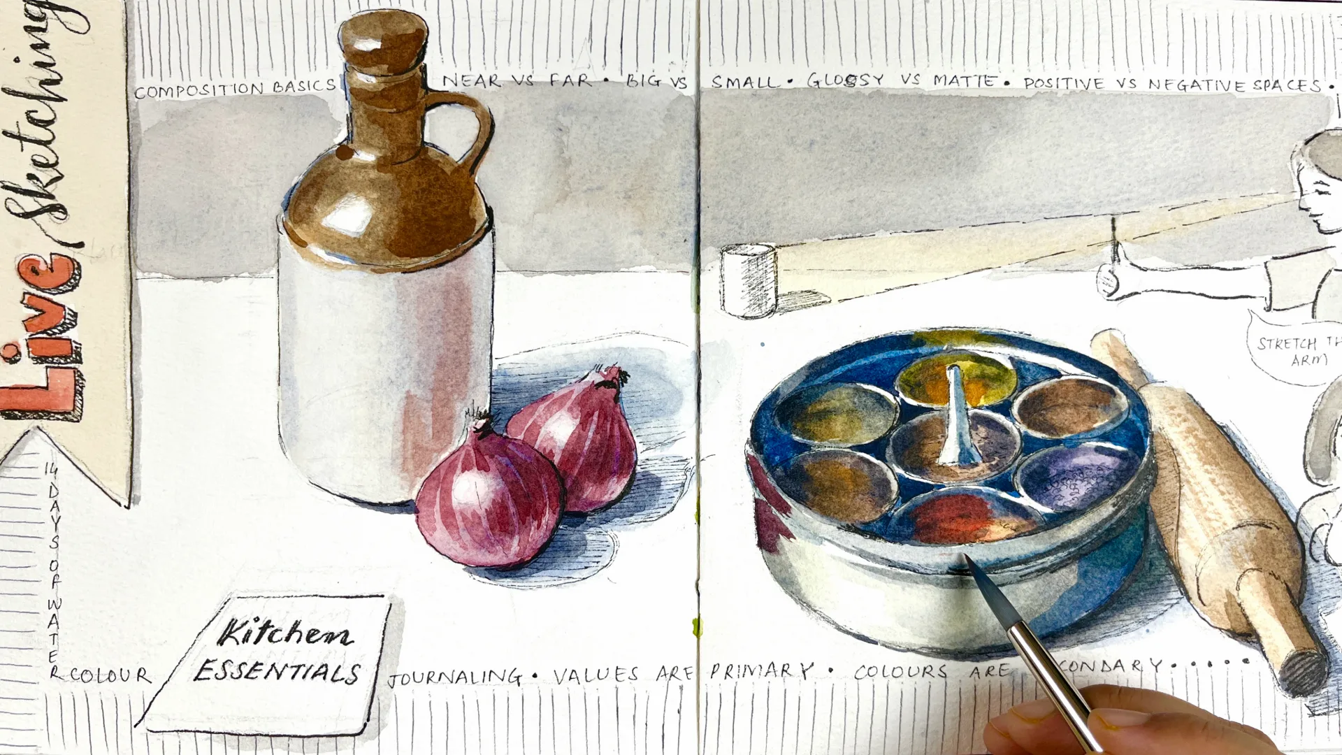 Live sketching spread of kitchen essentials: a stoneware bottle, red onions, a steel spice tin and a rolling pin