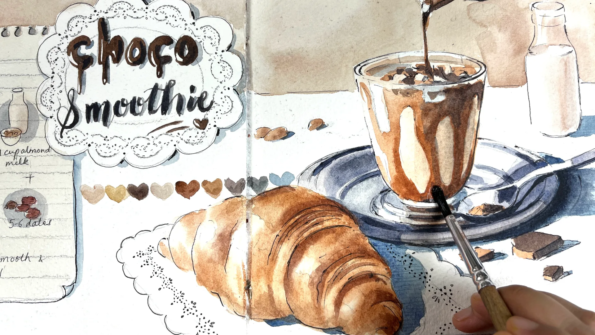 Journal page titled Choco Smoothie: an iced chocolate drink beside a croissant