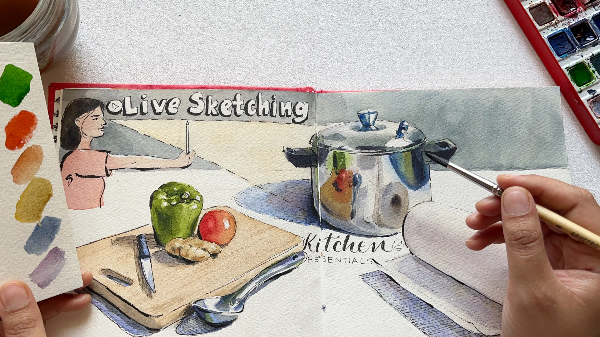 Live sketching spread of kitchen essentials: a pressure cooker with a green pepper, tomato and ginger on a chopping board