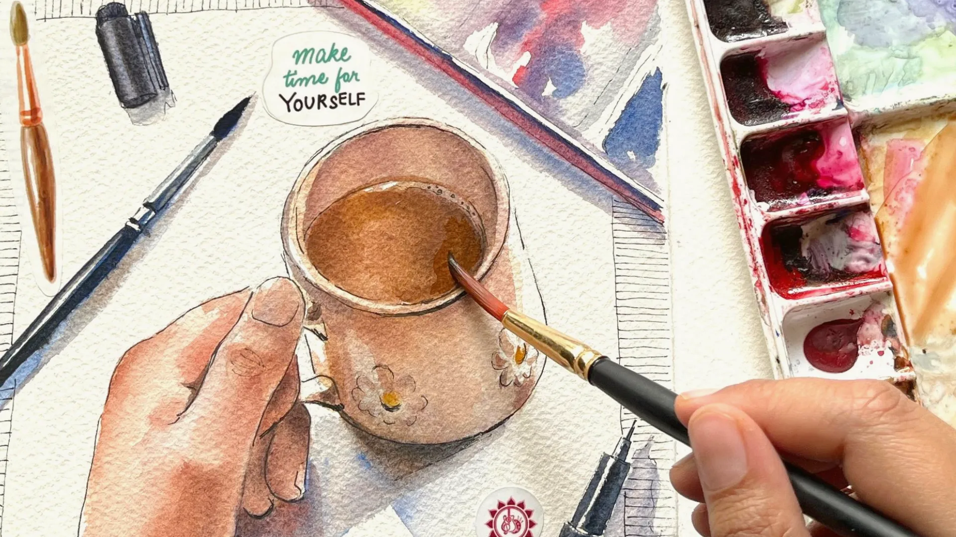 Journal page reading make time for yourself: hands painting a clay cup, with brushes and a watercolour palette