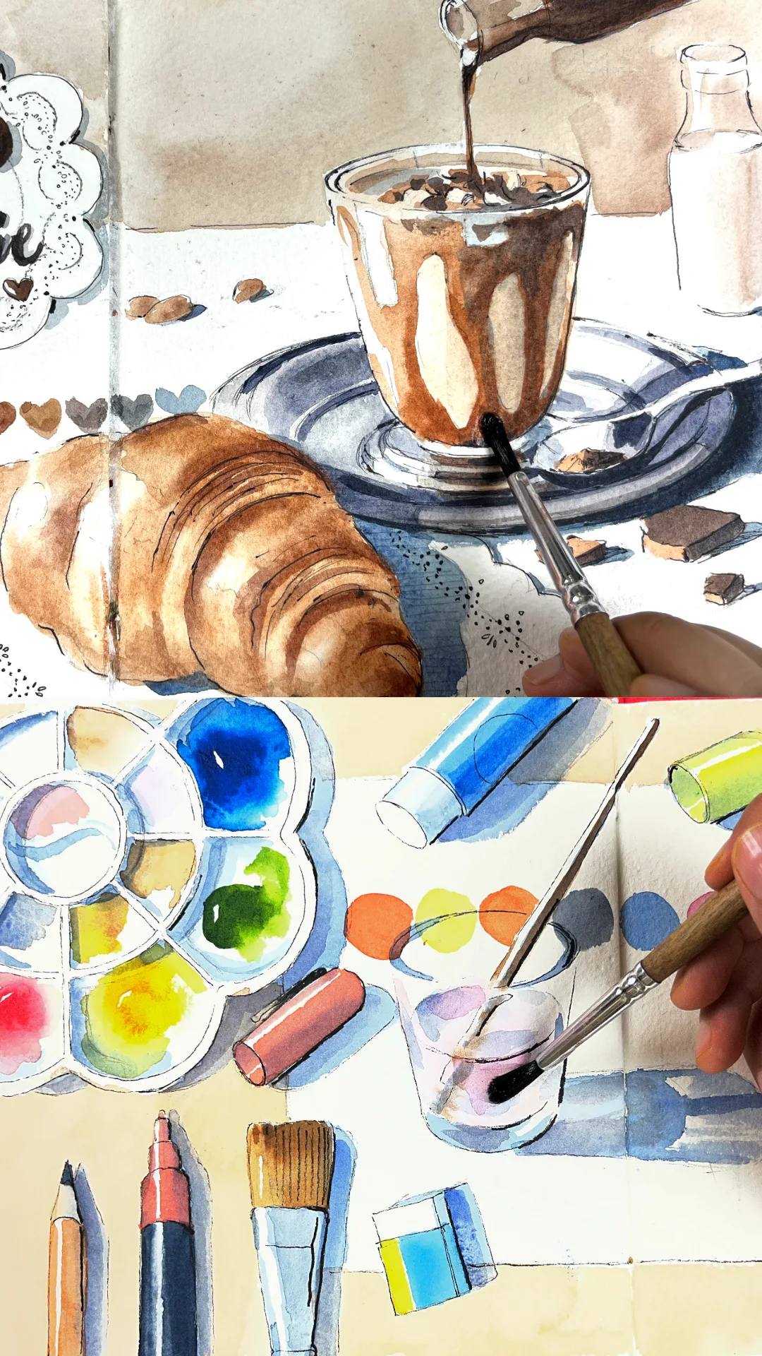 Workshop artwork: a chocolate smoothie and croissant page, with a watercolour palette and brushes