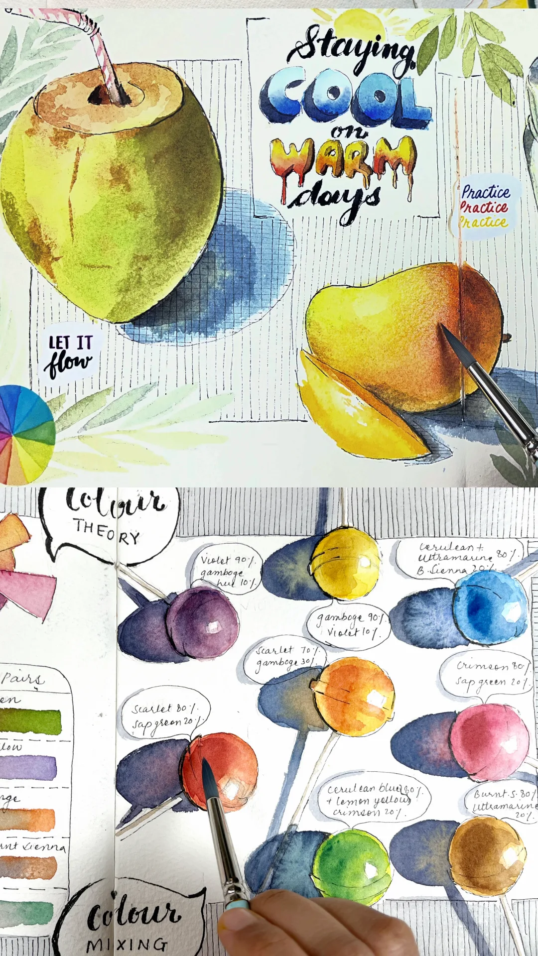 Workshop artwork: a coconut and mango page titled staying cool on warm days, with a colour mixing chart