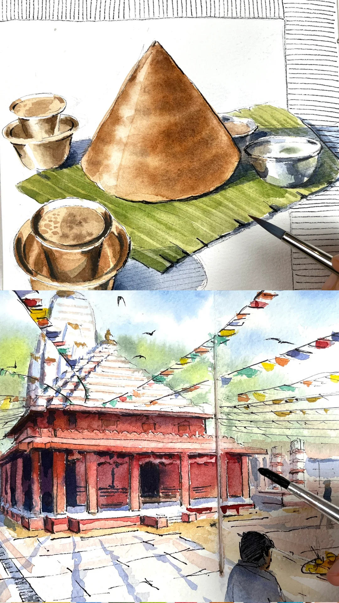 Workshop artwork: brass vessels on a banana leaf, and a temple with prayer flags
