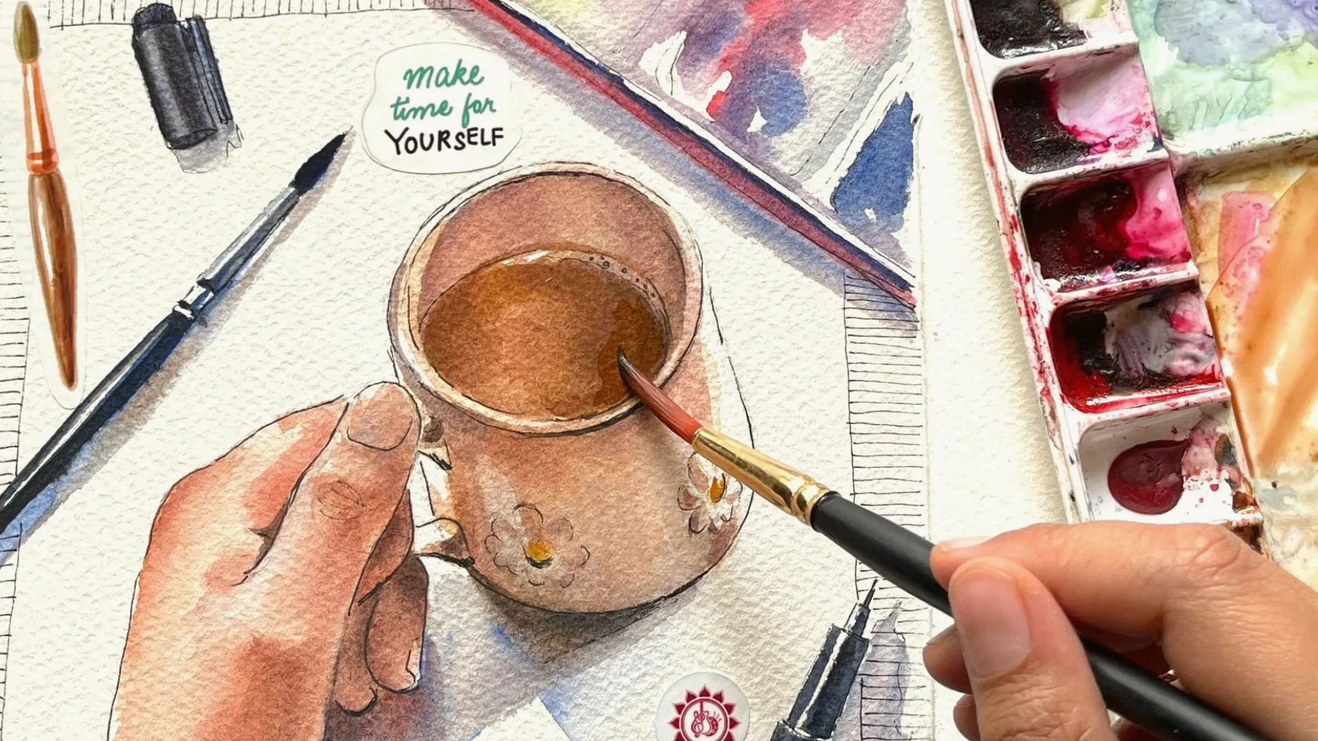 Watercolour artwork of a teacup and tabletop still life