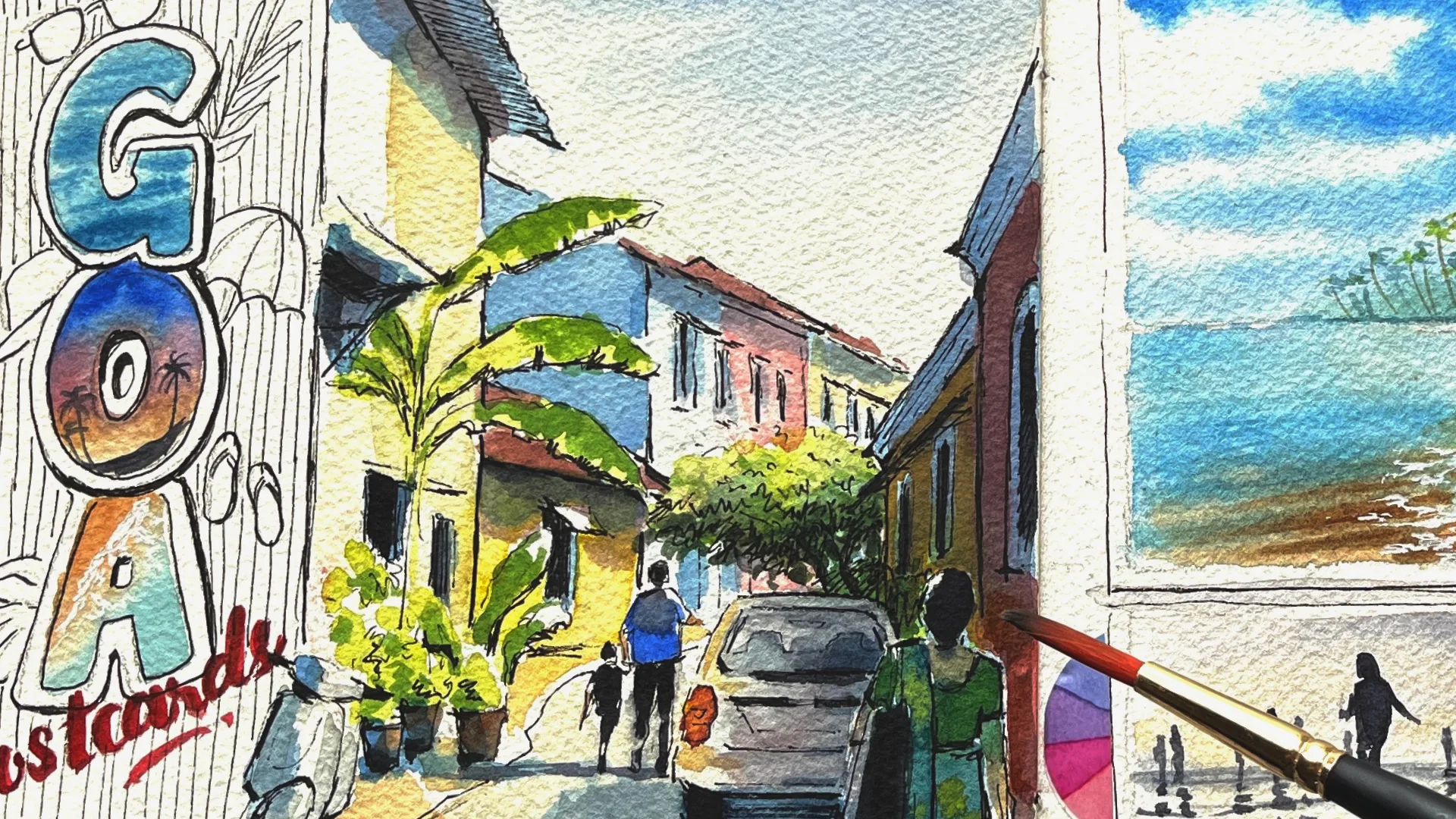 Watercolour artwork of Goa street and beach scenes
