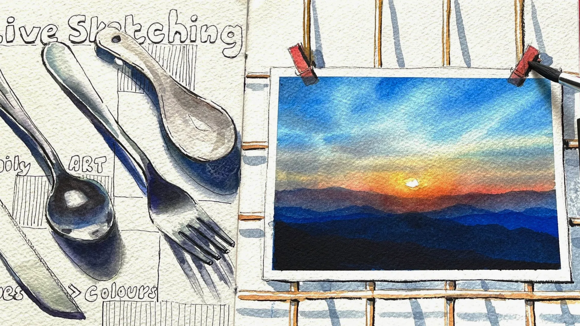 Watercolour artwork of cutlery and landscape studies