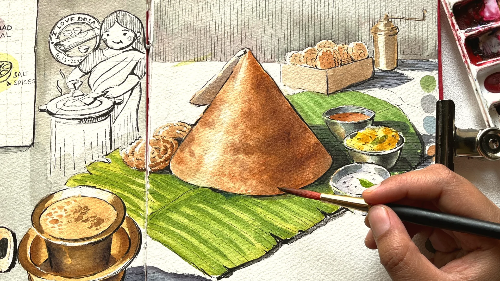 Watercolour artwork of a dosa plate