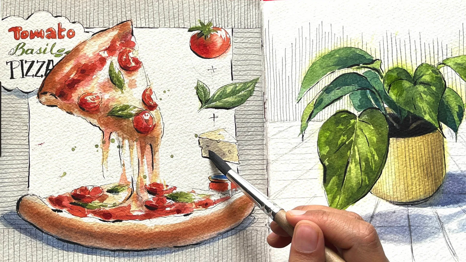 Watercolour artwork of pizza and a potted plant