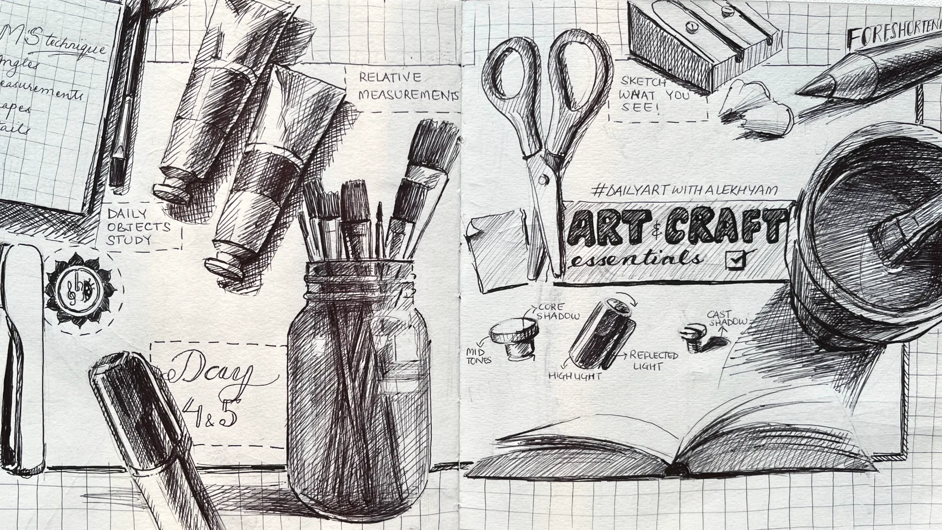 Sketching course artwork showing progress across 21 days