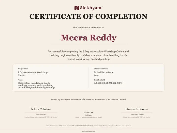 Sample Alekhyam Certificate of Completion with a fictional learner name