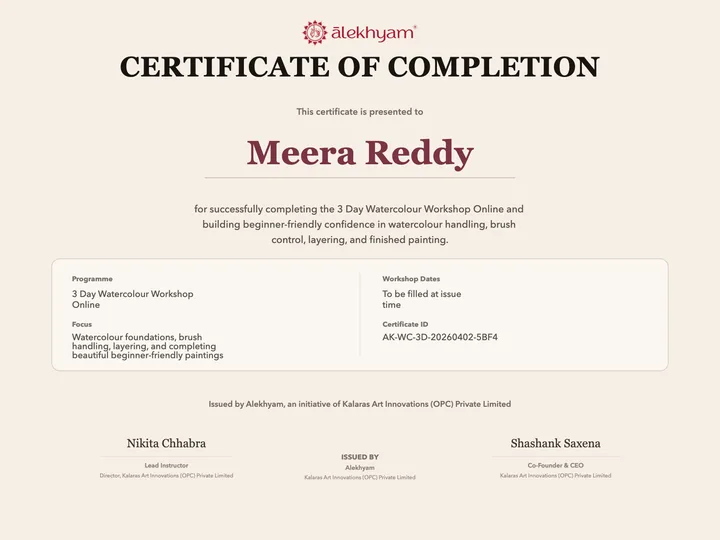 Sample Alekhyam Certificate of Completion with a fictional learner name