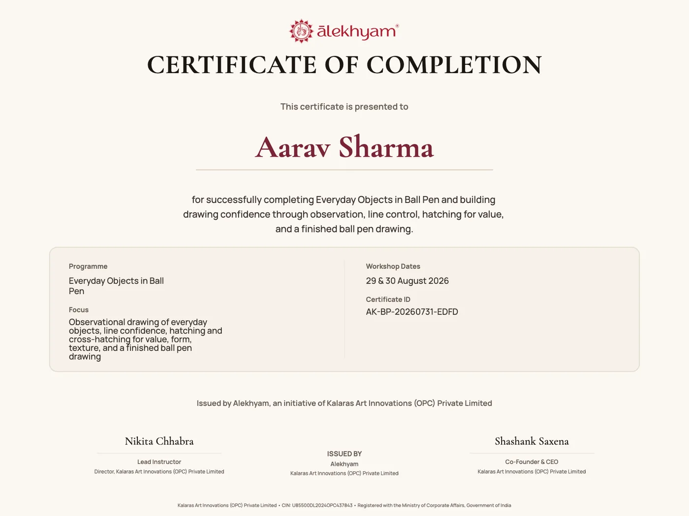 Sample Alekhyam Certificate of Completion for the Everyday Objects in Ball Pen workshop