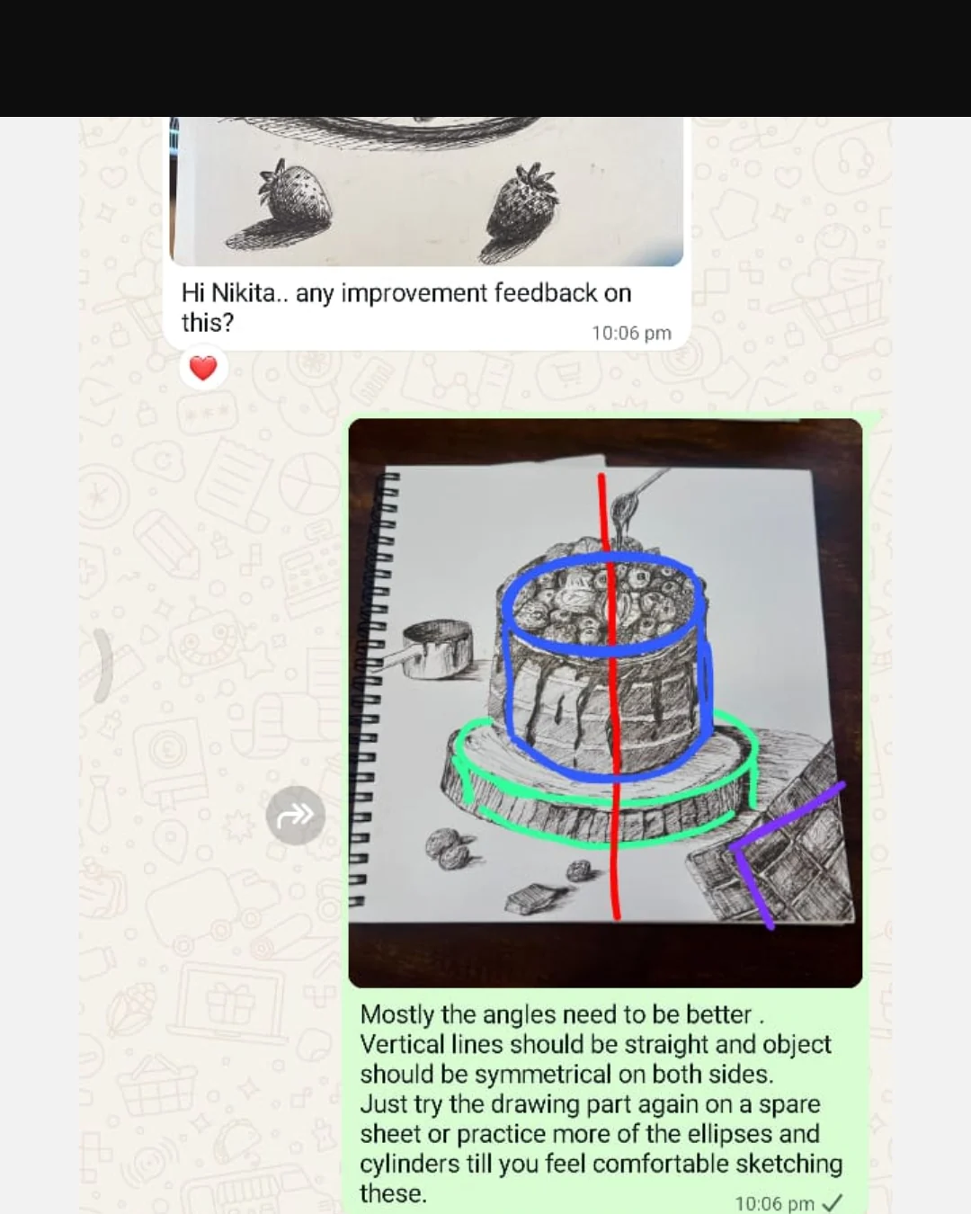 Individual ball pen sketch feedback shared after an Alekhyam session