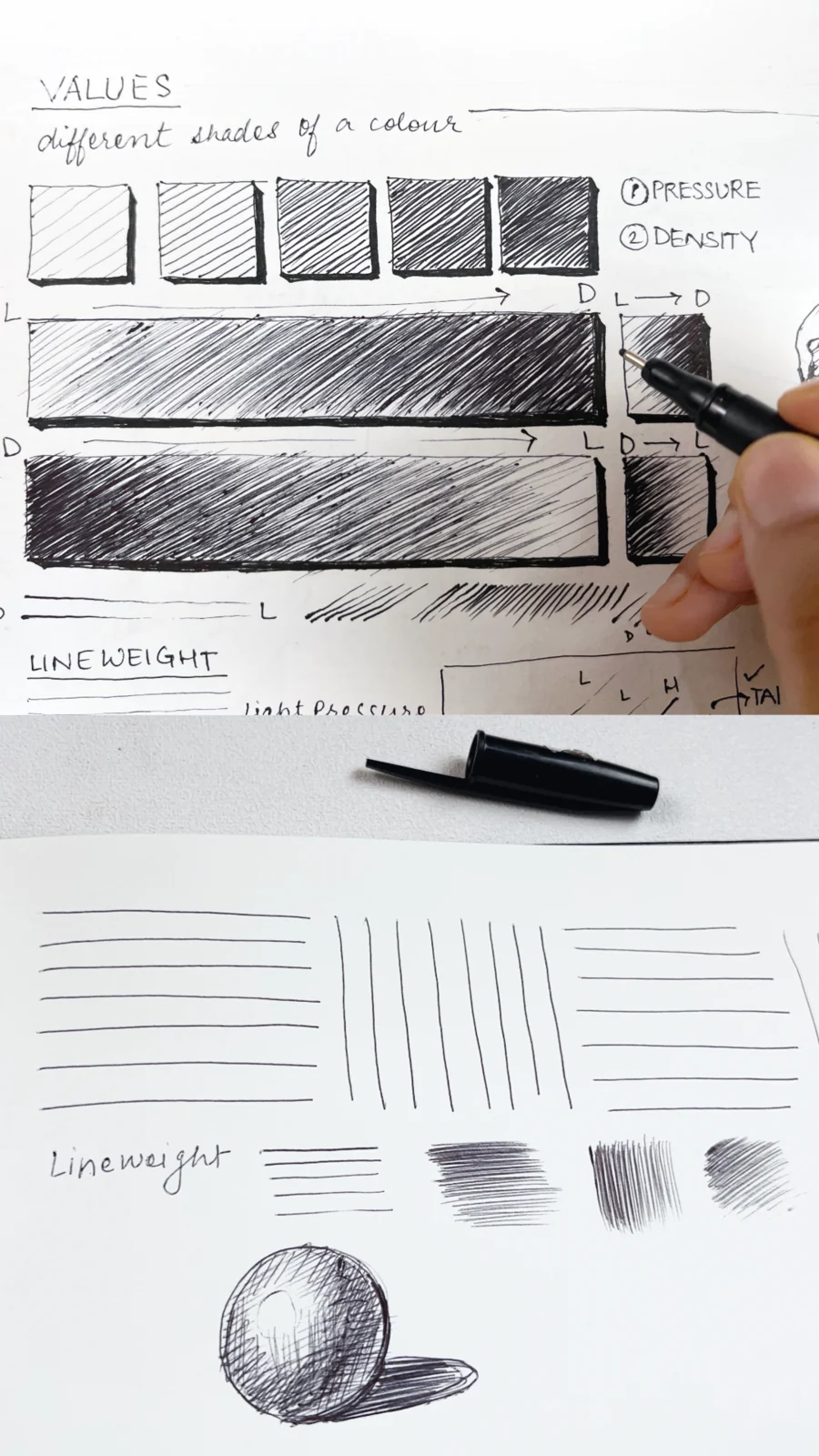 Ball pen sketchbook spread of art supplies