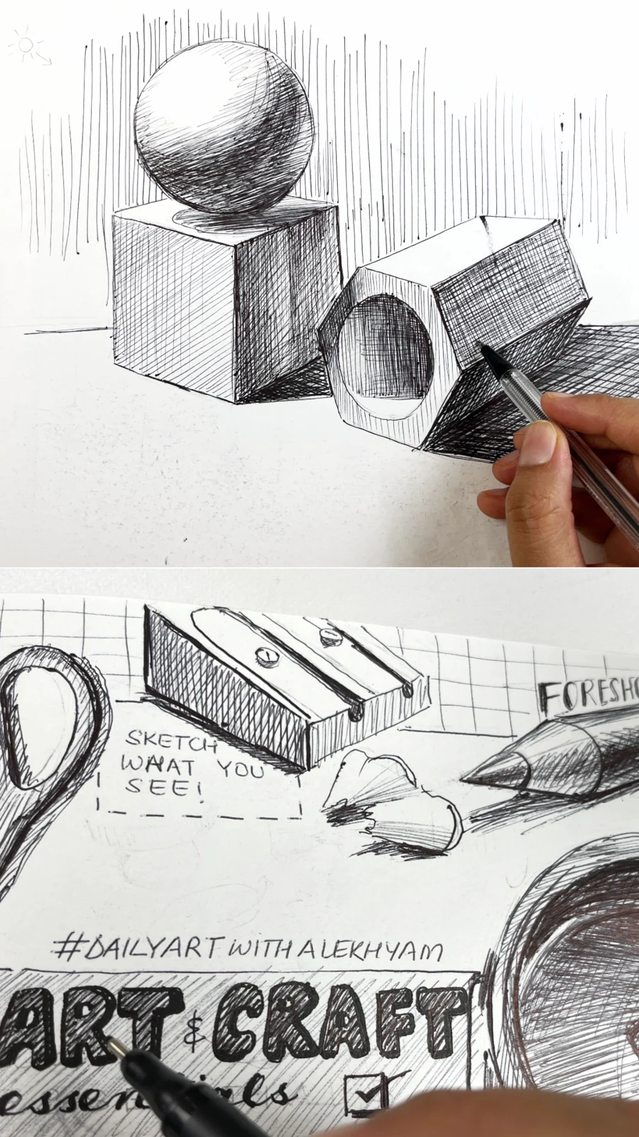 Ball pen studies of value, line weight, and hatching