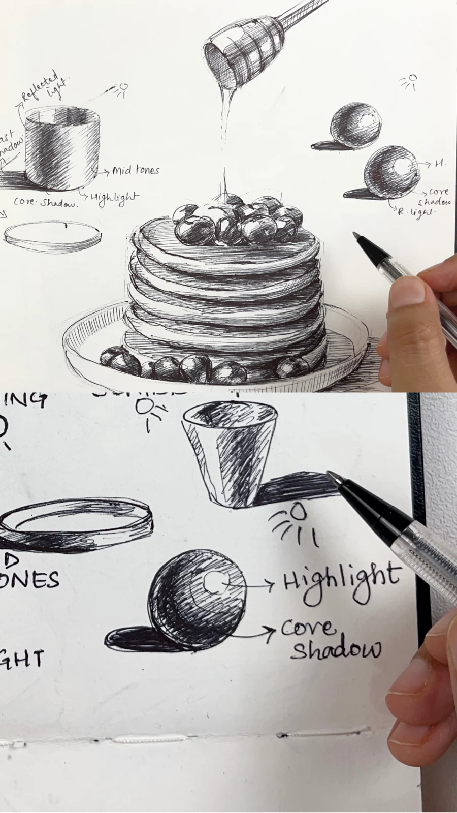 Ball pen food-illustration still life with three-dimensional forms