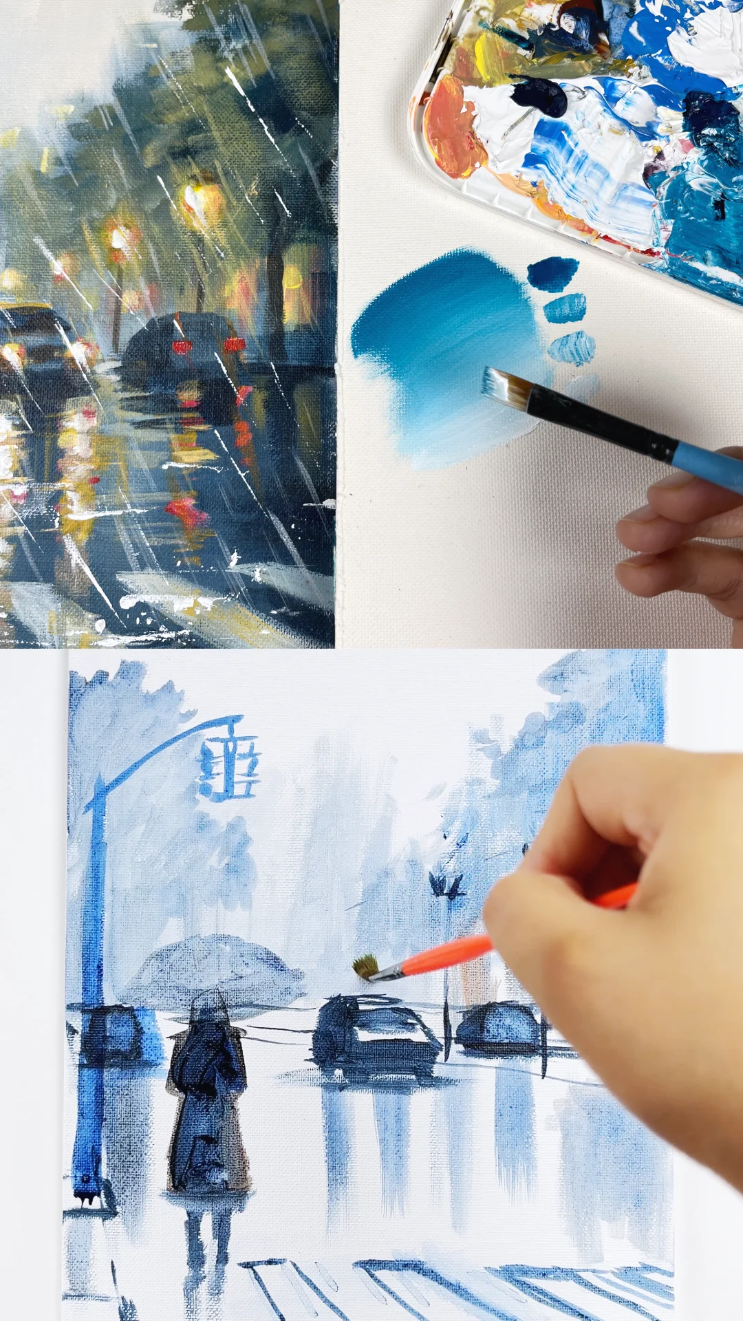 Acrylic monsoon painting at the sketch and atmospheric base stage