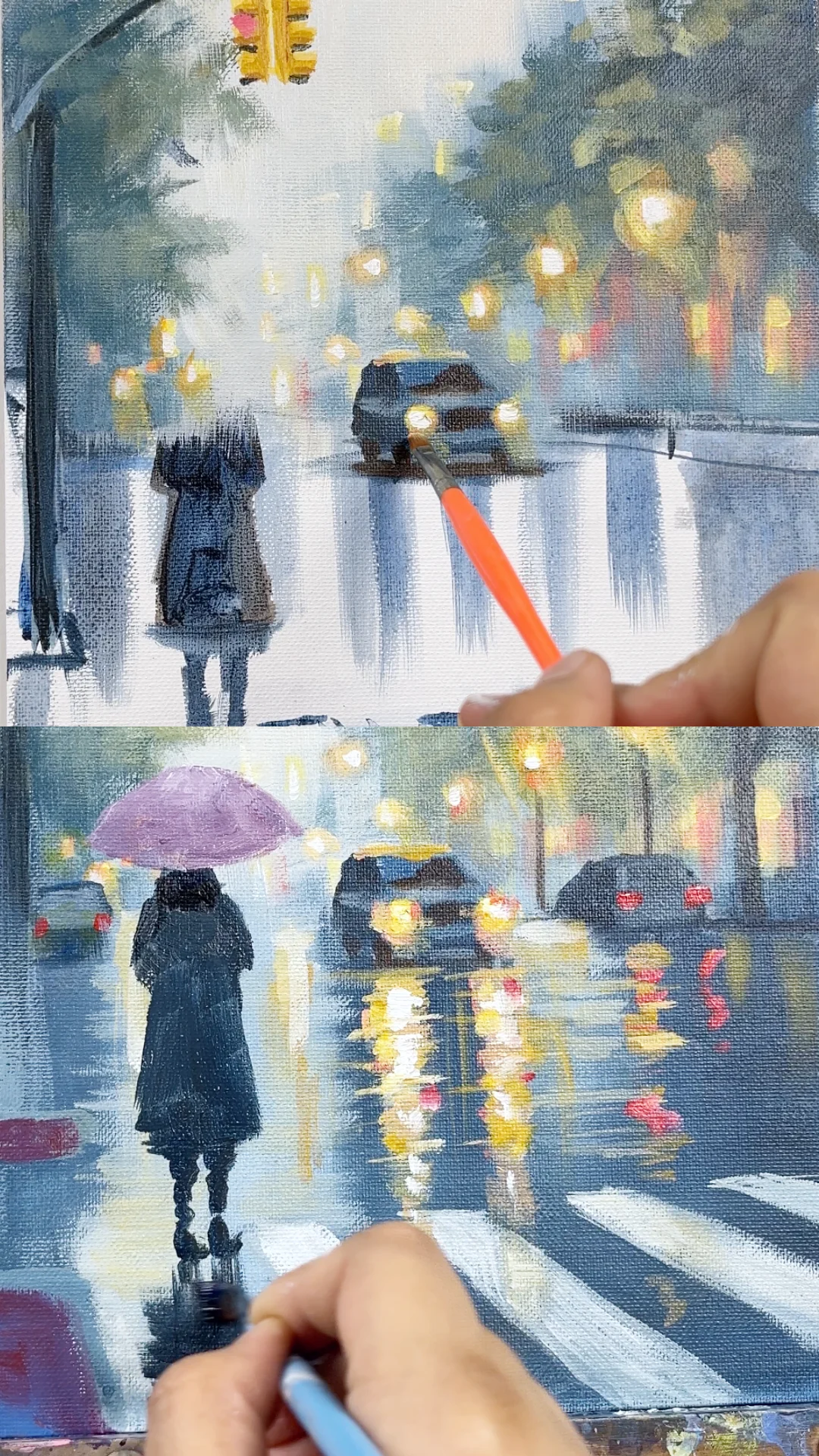 Acrylic monsoon street moving from the hazy base to wet-road reflections and final rain