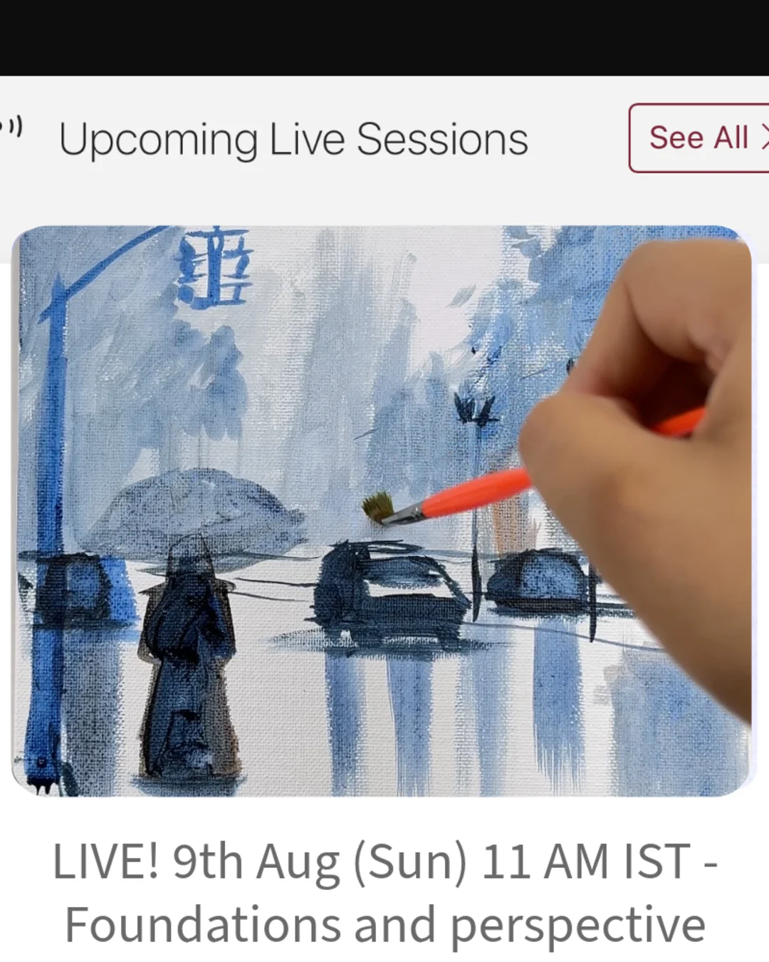 Upcoming live monsoon acrylic session on the workshop dashboard