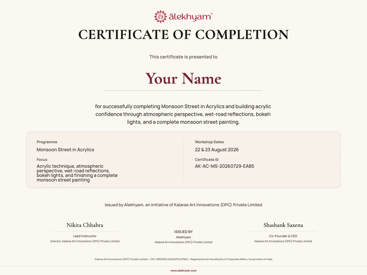 Sample Alekhyam Certificate of Completion for the Monsoon Street in Acrylics workshop