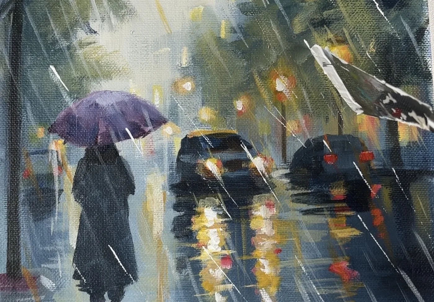 Finished acrylic monsoon street with a figure under a purple umbrella, wet-road reflections, and falling rain