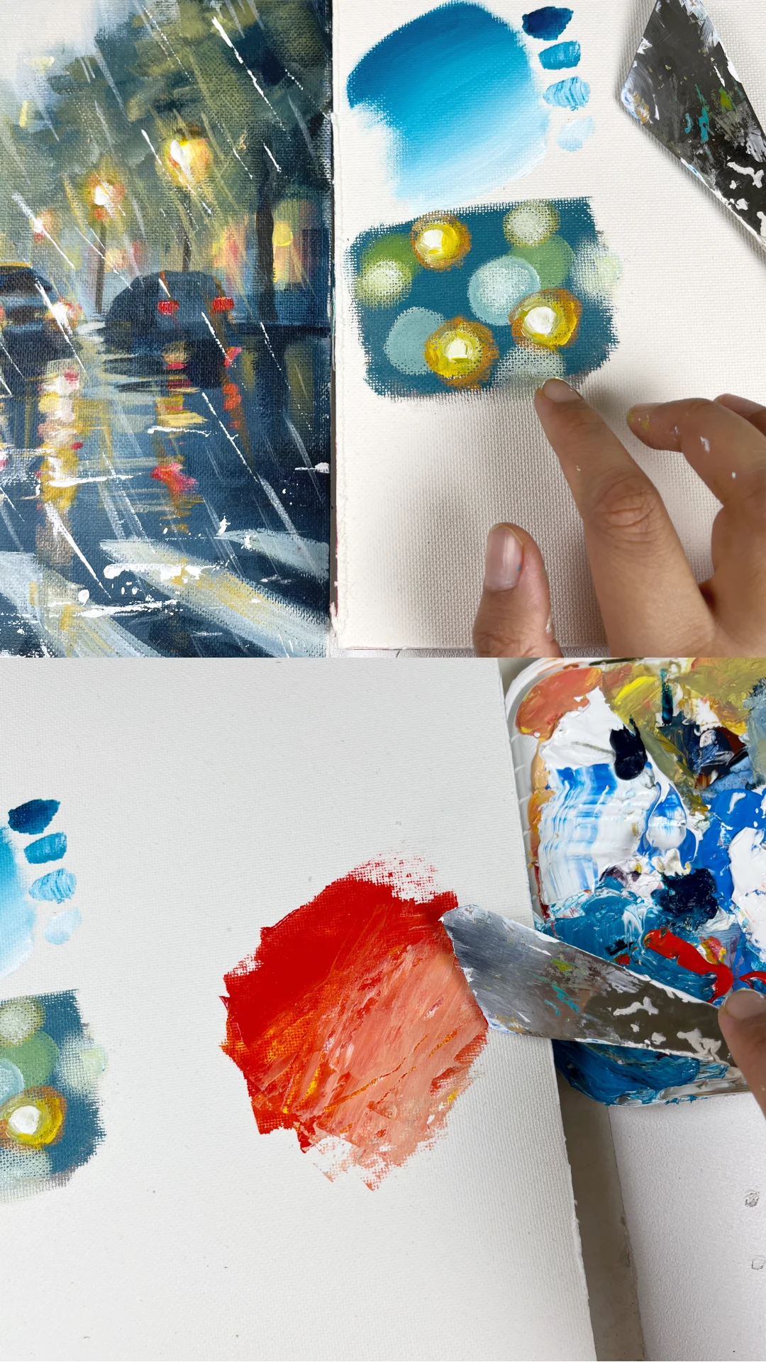 Acrylic palette practice for blends, bokeh lights, and warm colour accents