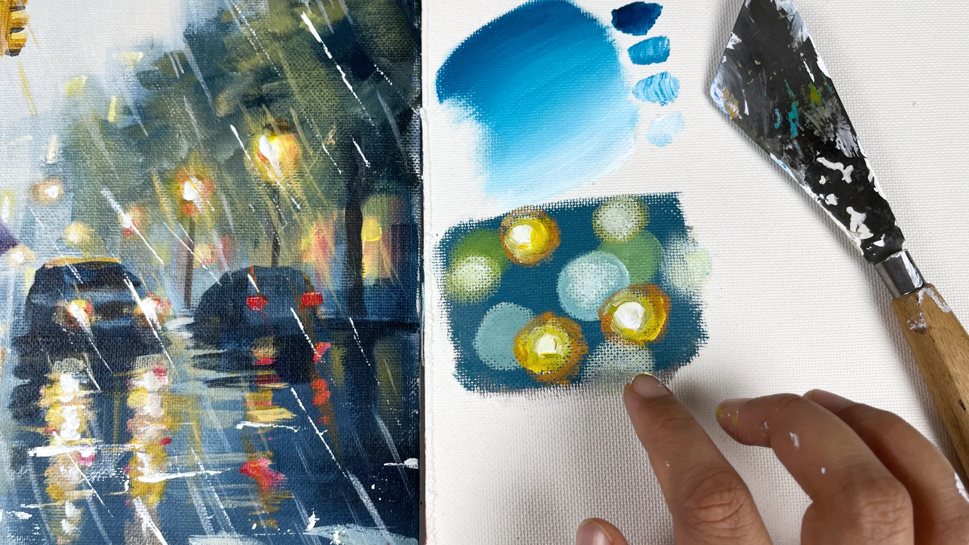 Acrylic sketch, road direction, and rainy-city atmosphere