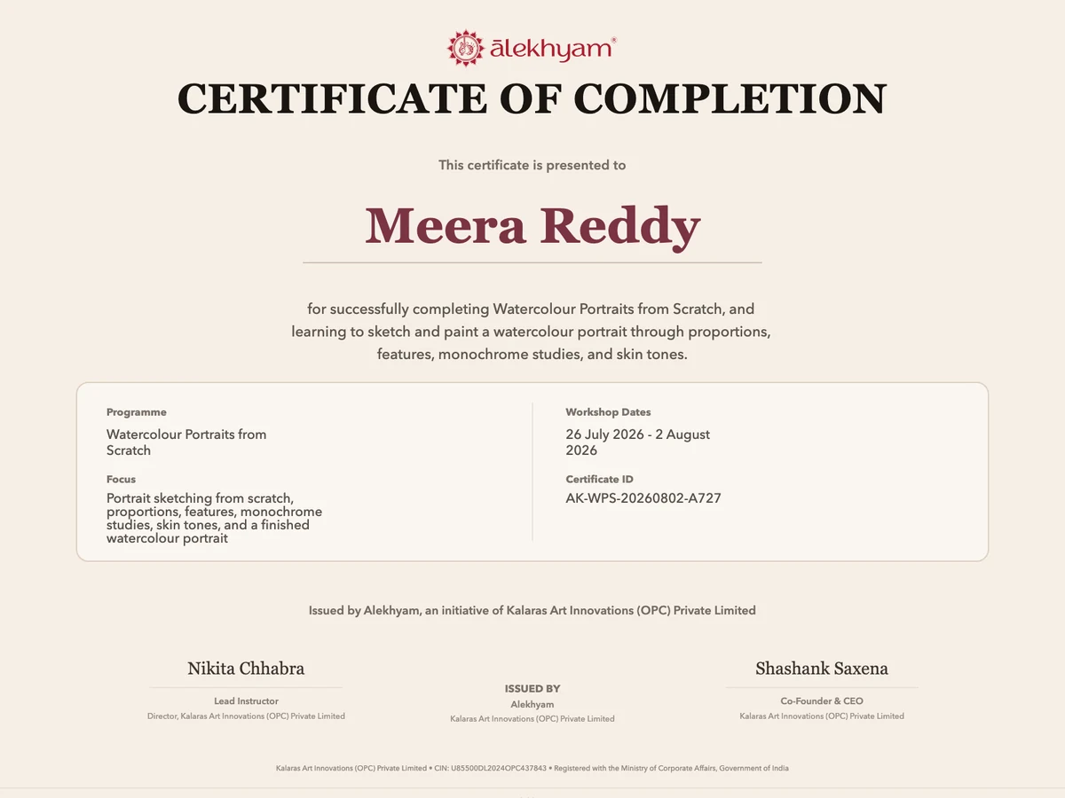 Sample Alekhyam certificate of completion, shown for Meera Reddy