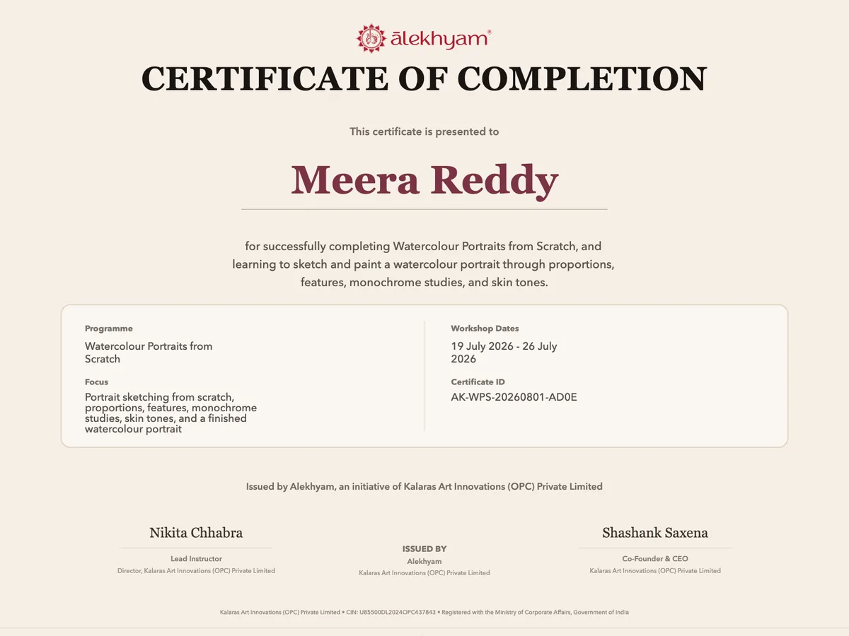 Sample Alekhyam certificate of completion, shown for Meera Reddy