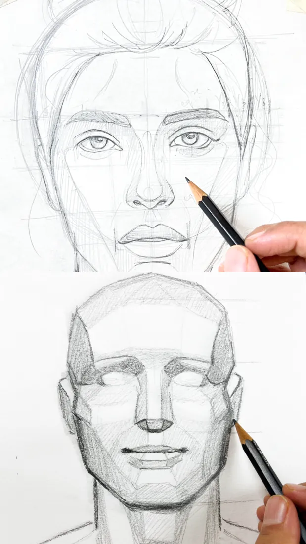 Pencil portrait sketches with proportions mapped out