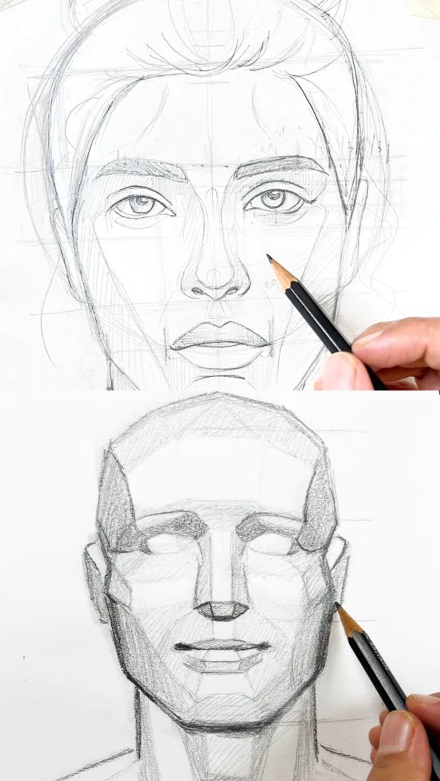 Pencil portrait sketch with proportions and structure mapped out