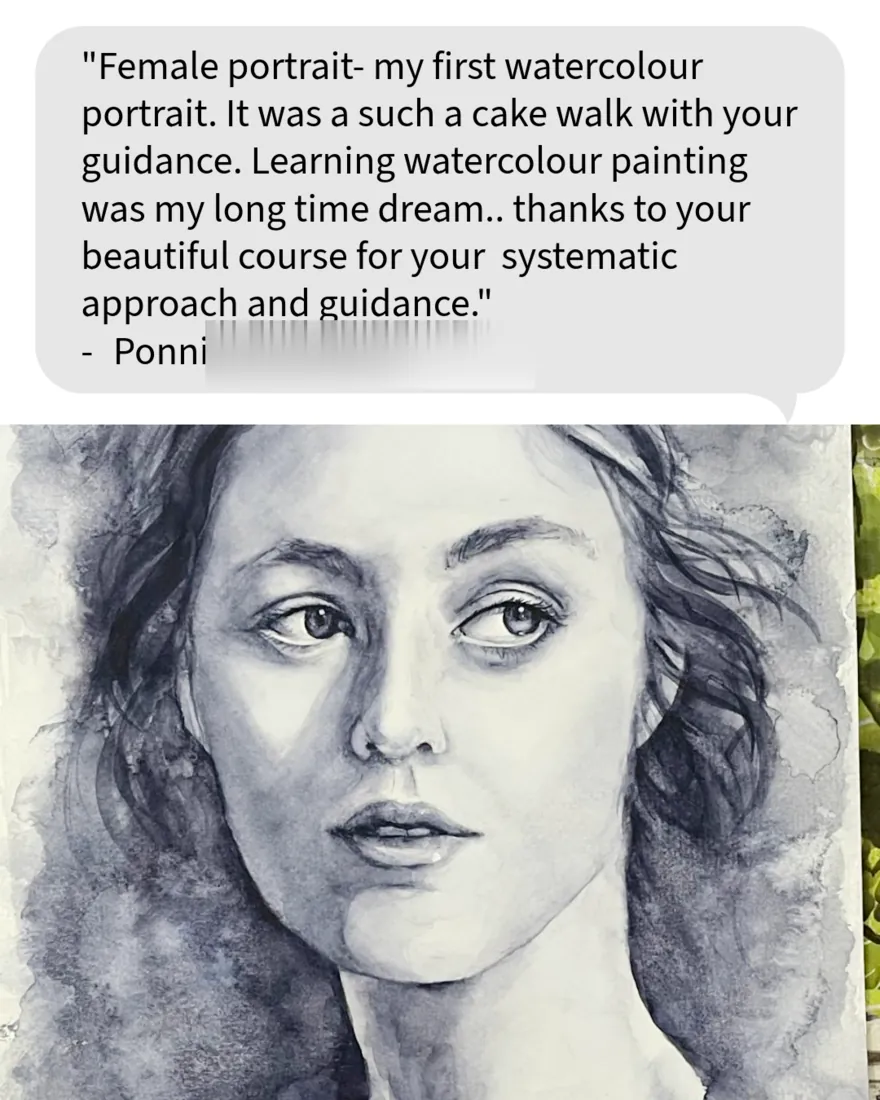 A note from Ponni, shown with her first watercolour portrait