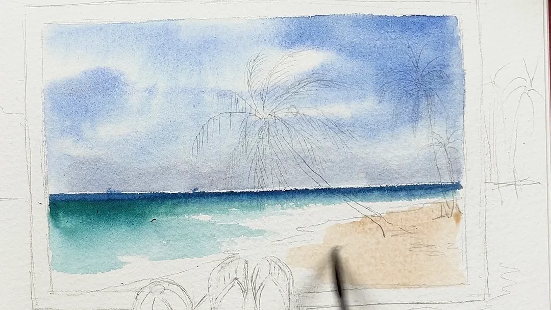 A beach postcard in progress: sky, sea and sand washes, with the palm still in pencil
