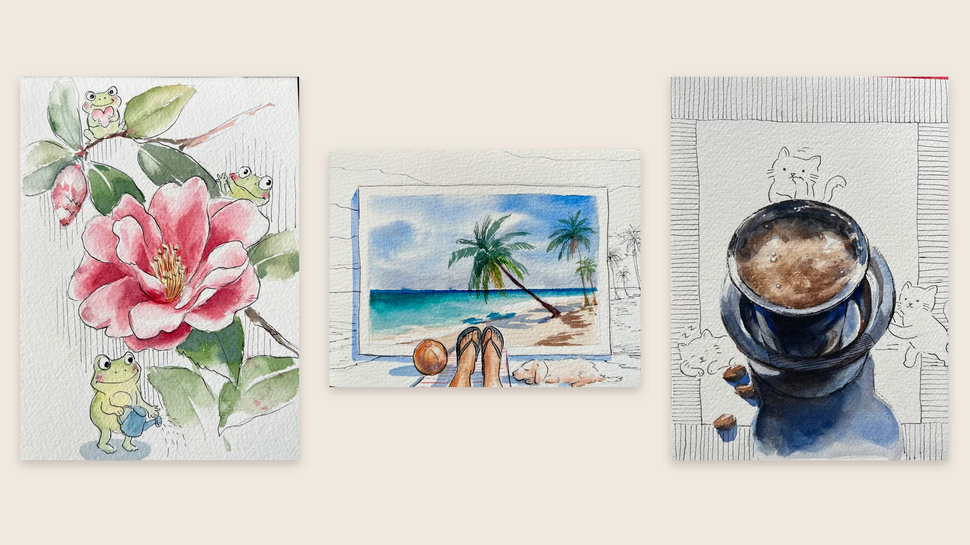 The three workshop paintings: a camellia with frogs, a beach postcard, and a filter coffee with cats