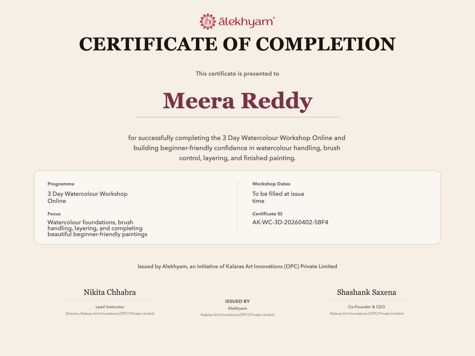 Sample Alekhyam certificate of completion for the 3 Day Watercolour Workshop