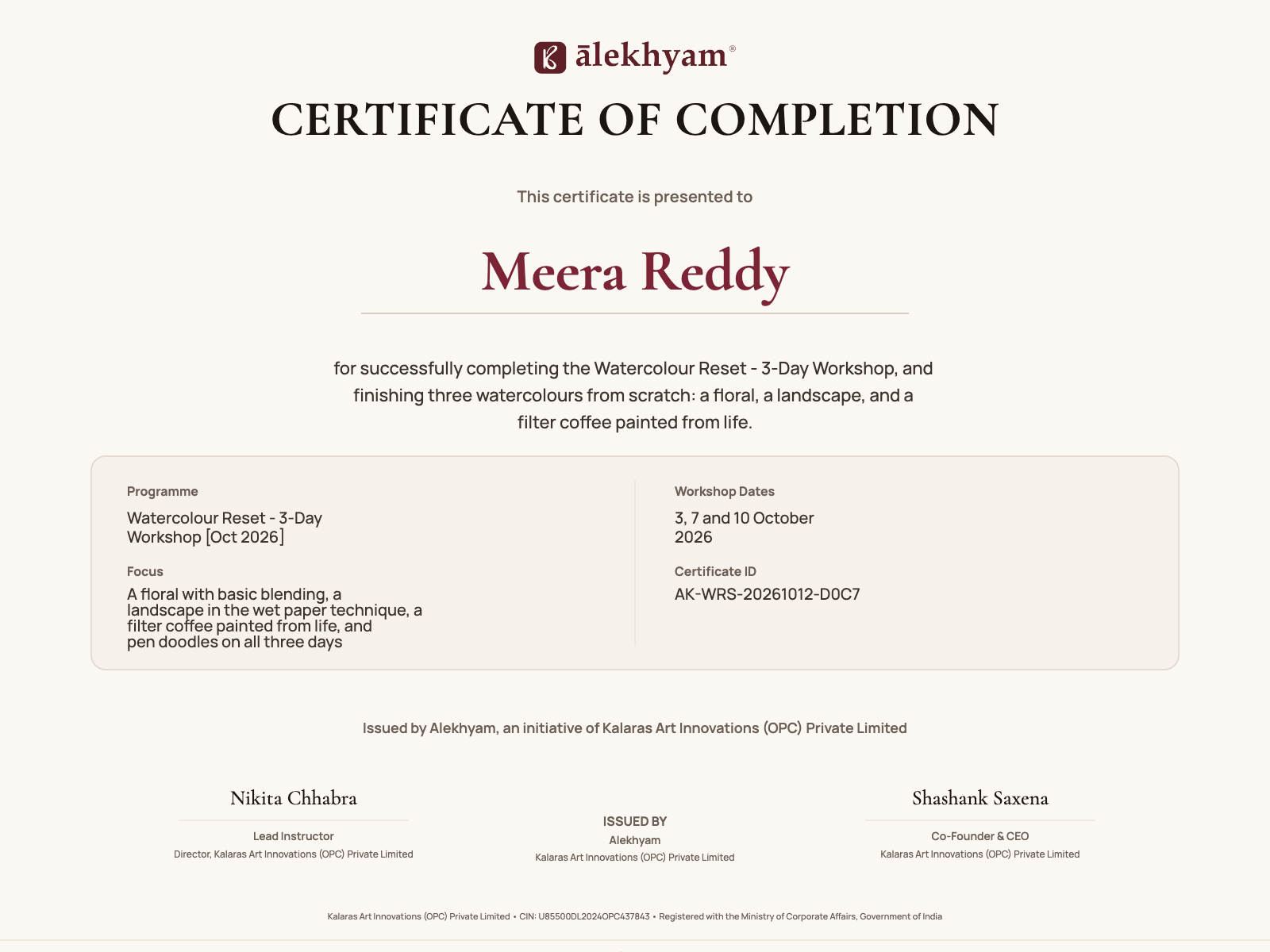 Sample Alekhyam certificate of completion for the Watercolour Reset - 3-Day Workshop