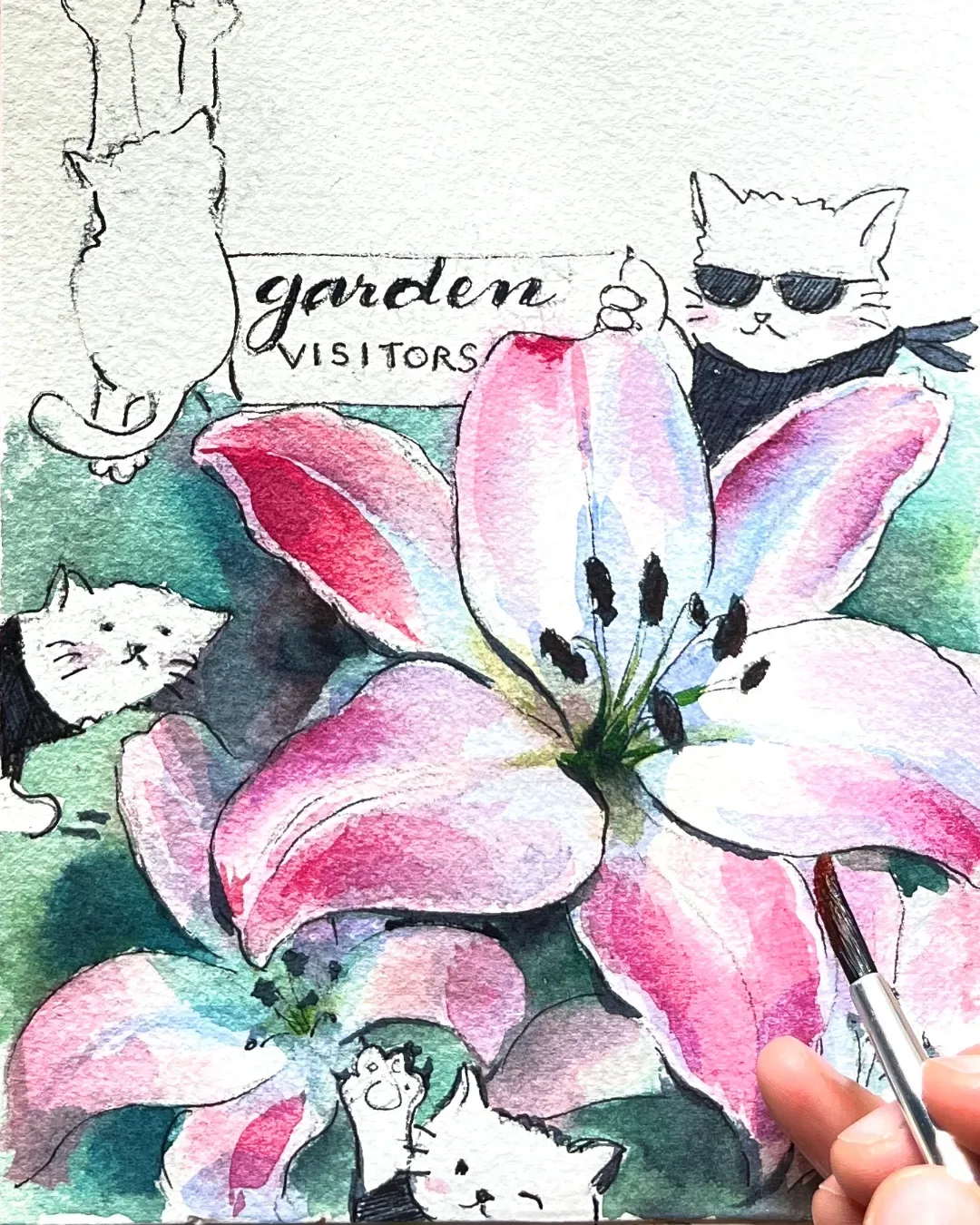 A floral study in watercolour, sketched and then washed in
