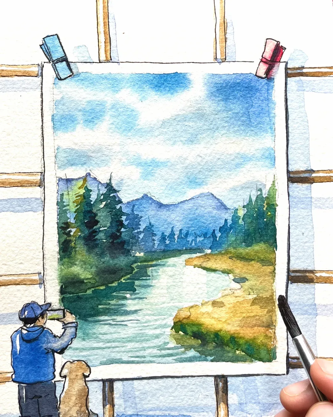 A watercolour landscape built up in soft layers
