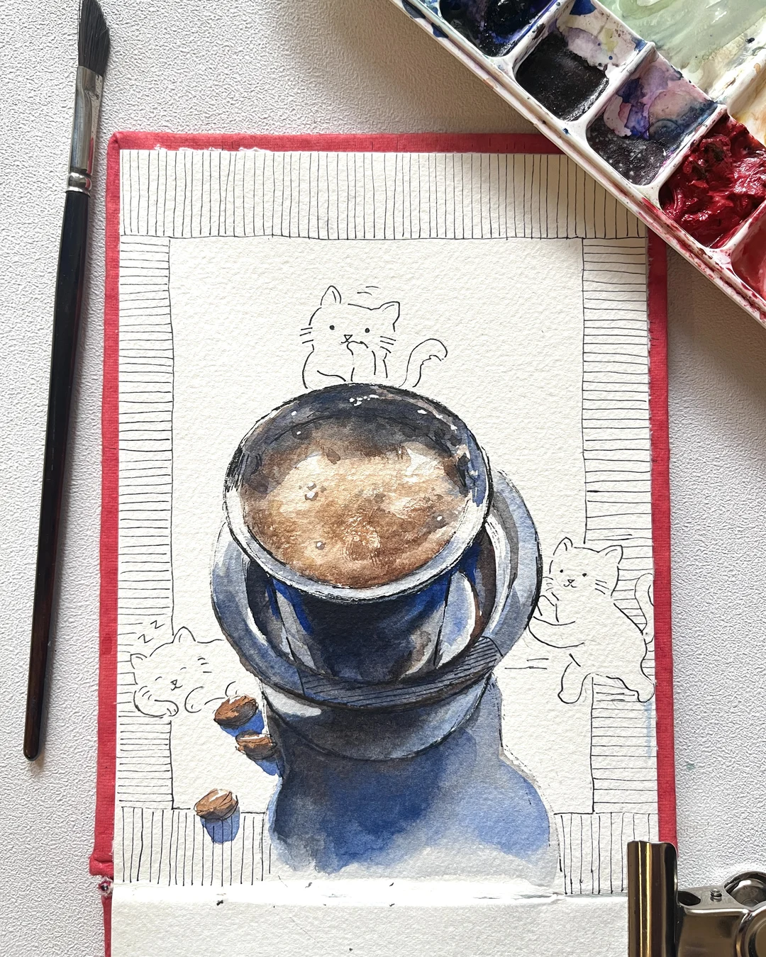 A filter coffee painted from life in watercolour, with pen-doodle cats