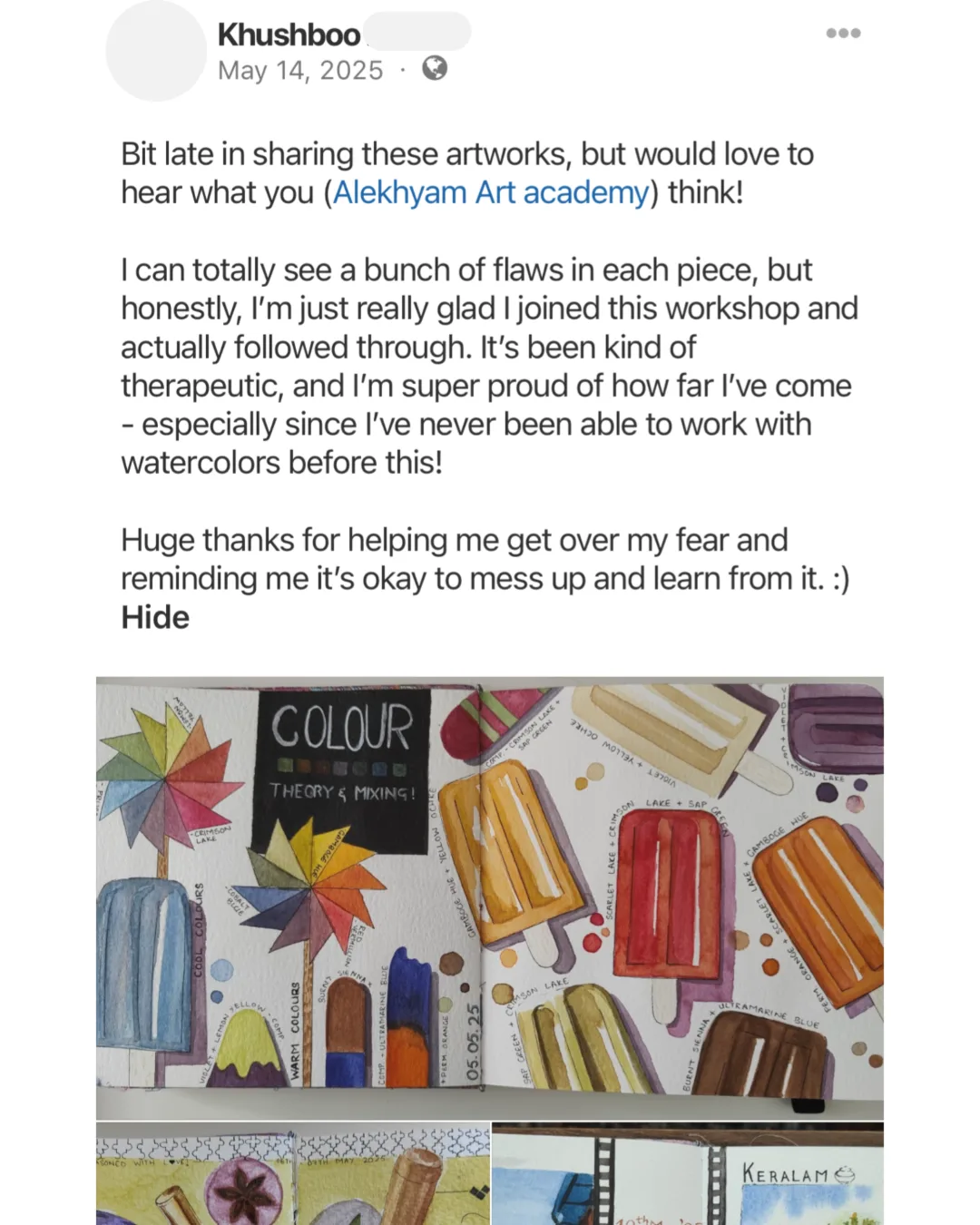 A note from a learner, shown with her first watercolour