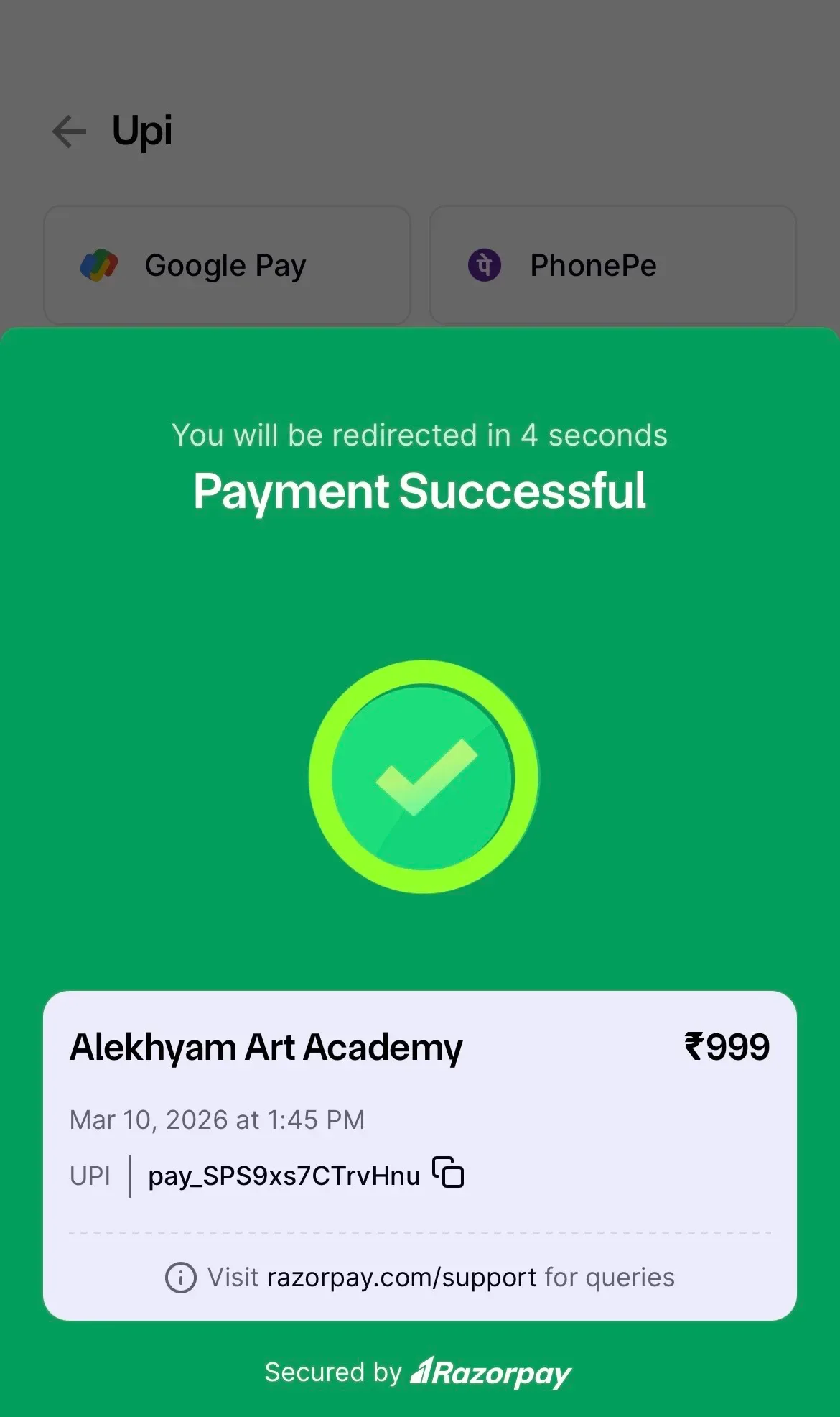 Payment confirmation after booking your seat
