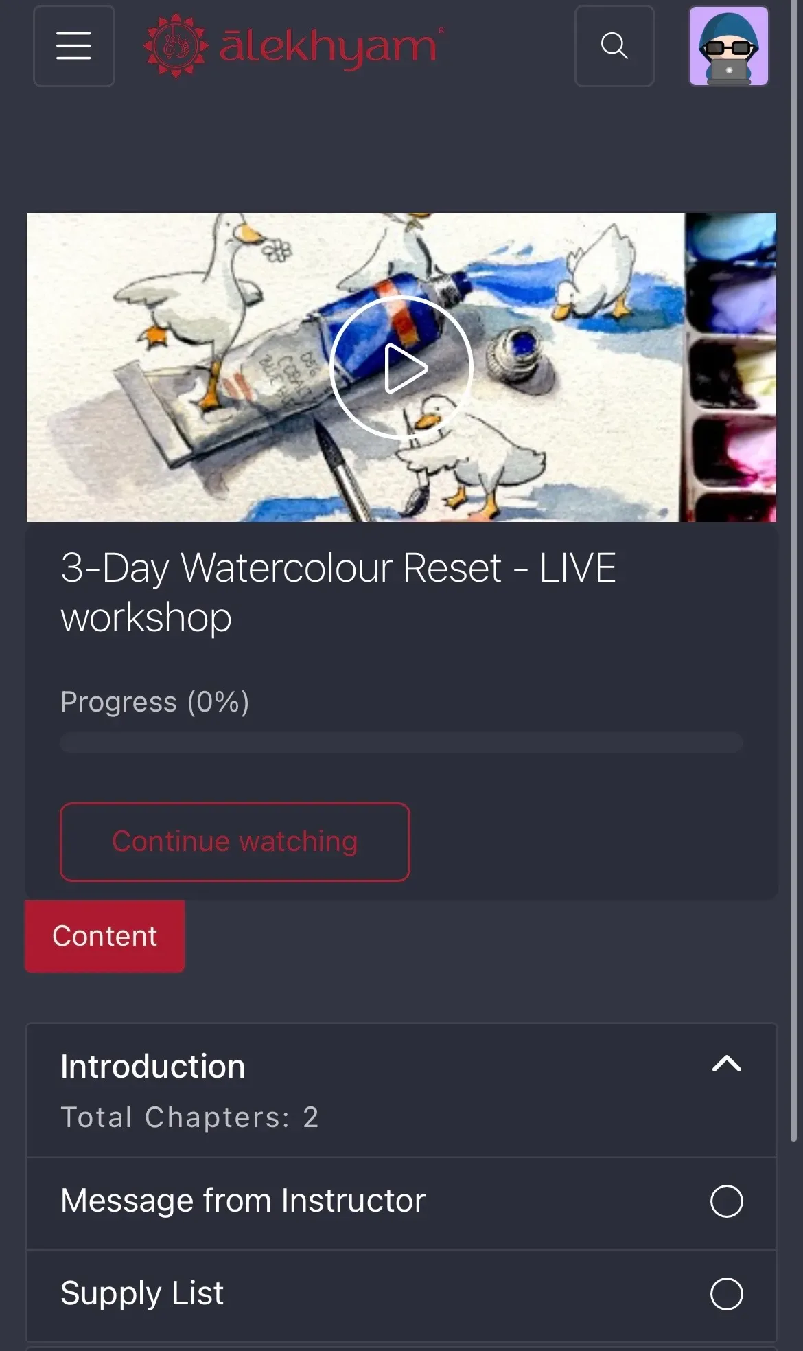 Your workshop dashboard with the welcome and course content