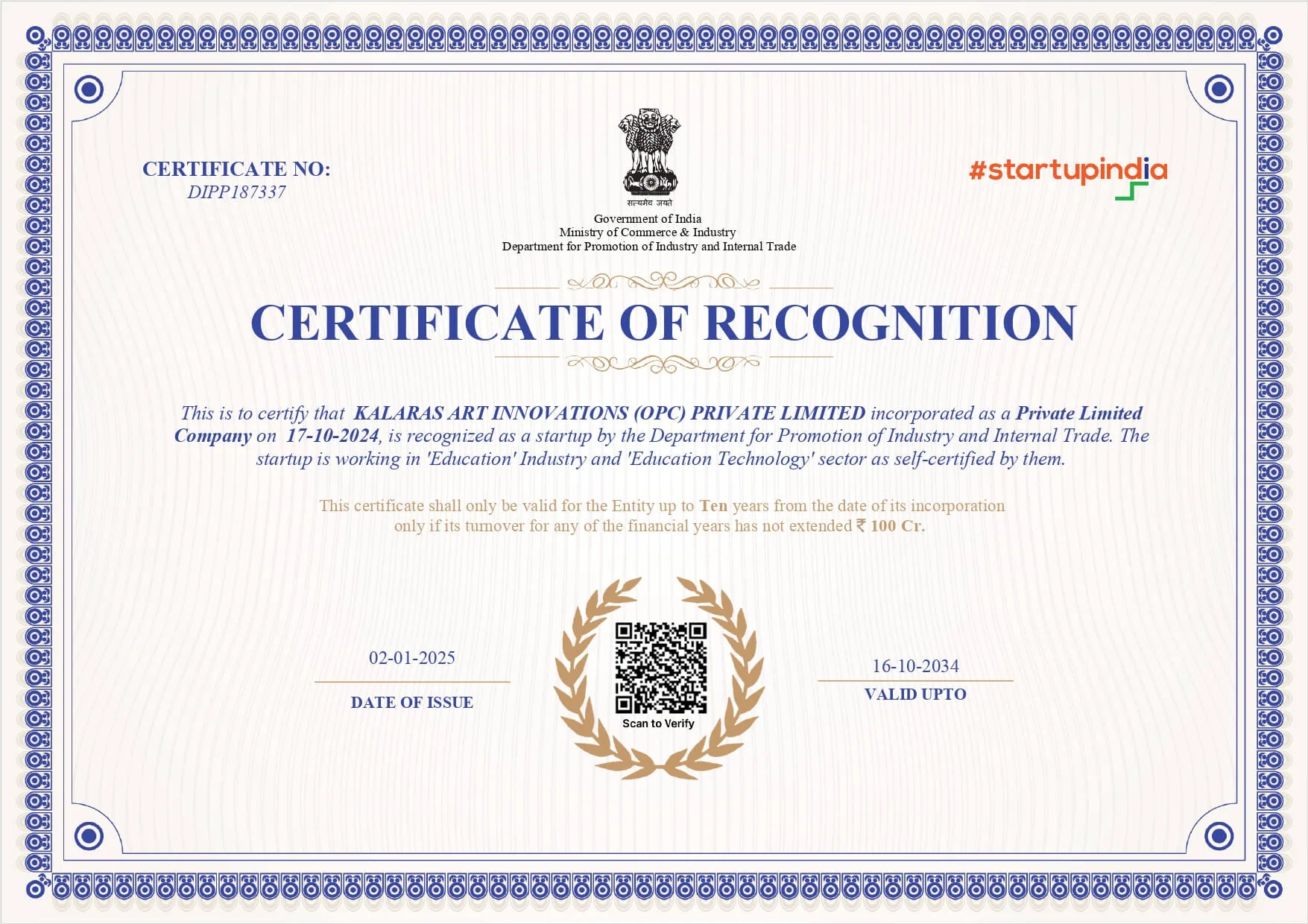 Recognised under Startup India