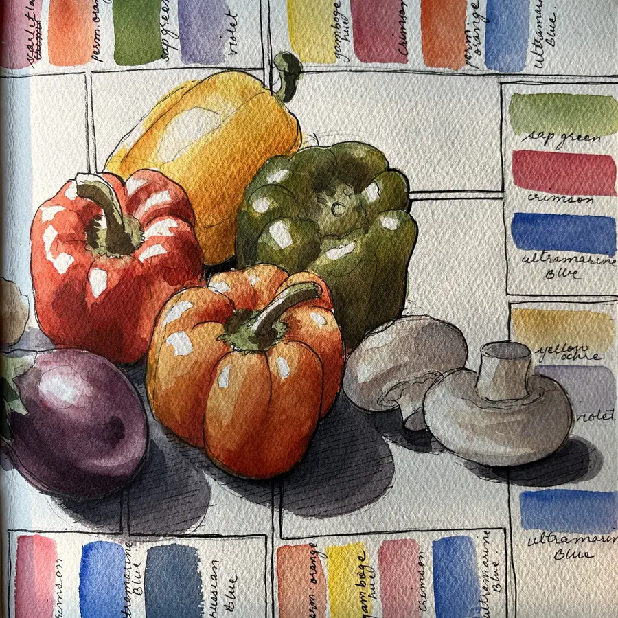 Peppers, an aubergine and mushrooms painted in watercolour, framed by hand-labelled pigment swatches naming each colour