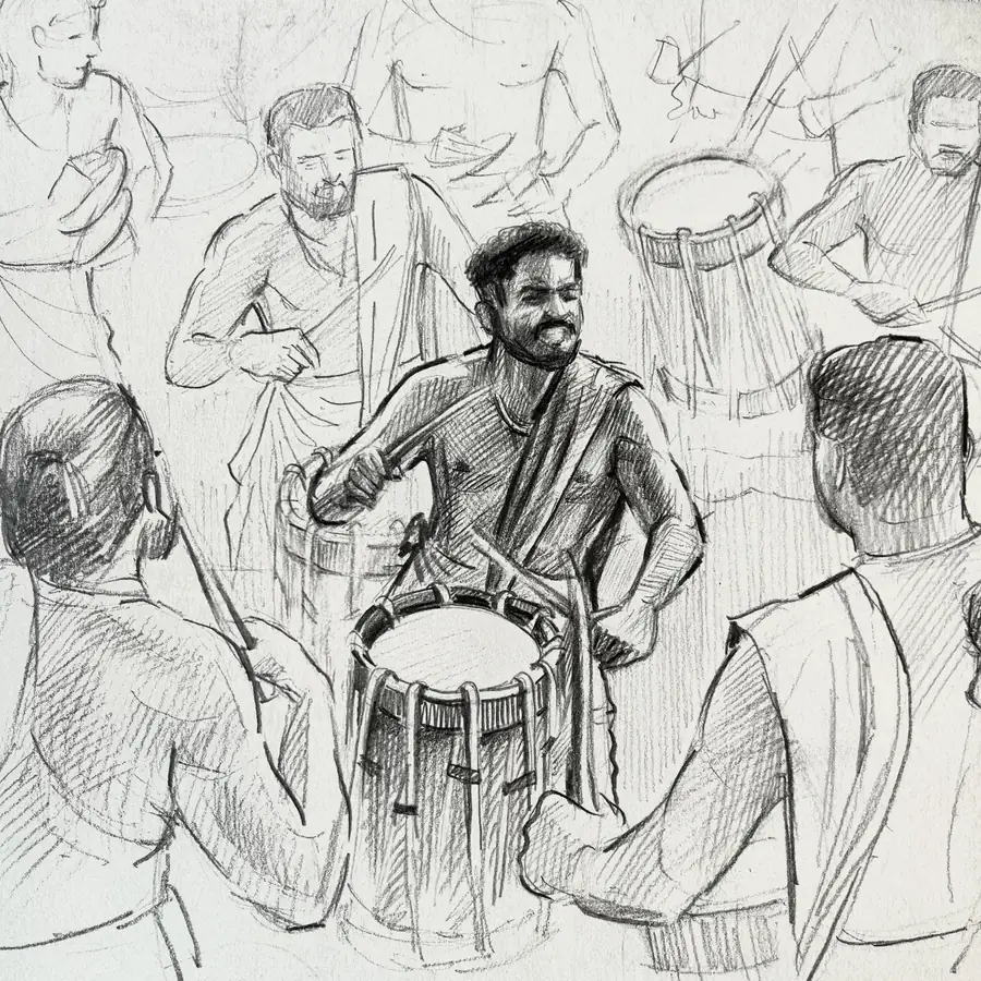 A graphite study of a group of Indian drummers mid-performance, one player sharply defined among looser figures