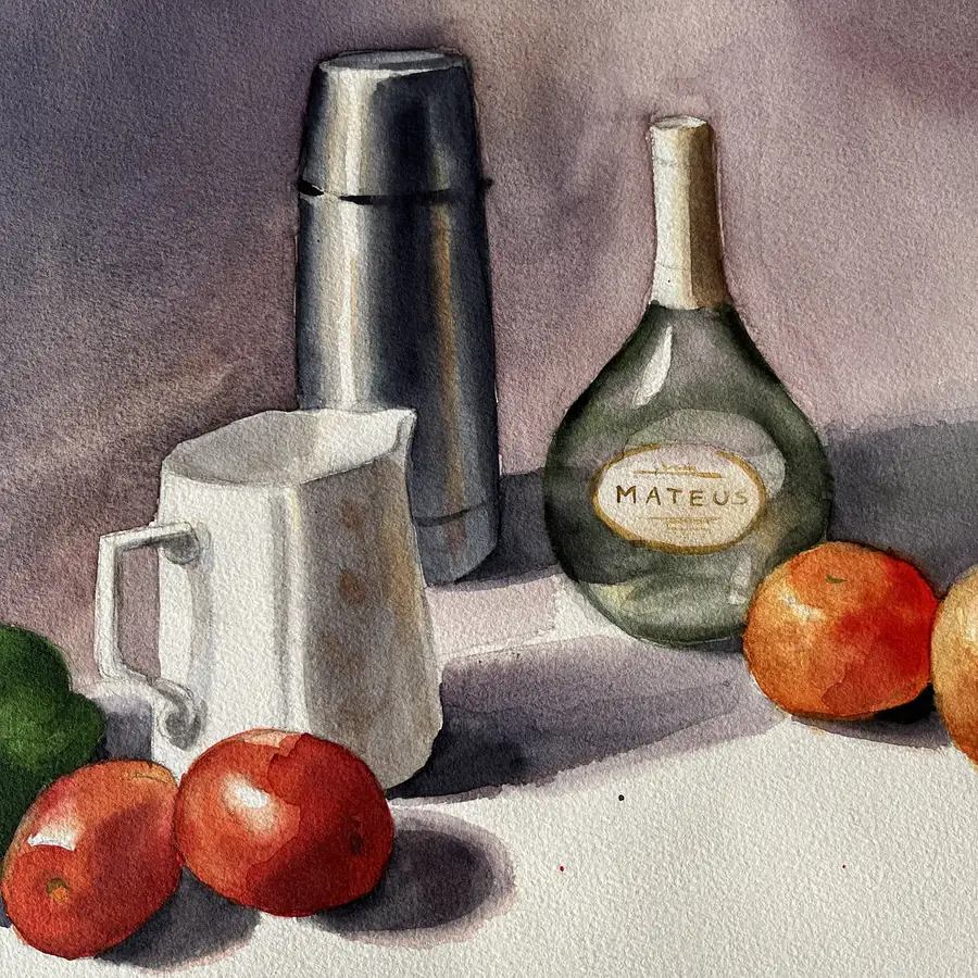 A watercolour still life: a steel flask, a white ceramic jug, a green glass bottle and fruit on a pale cloth