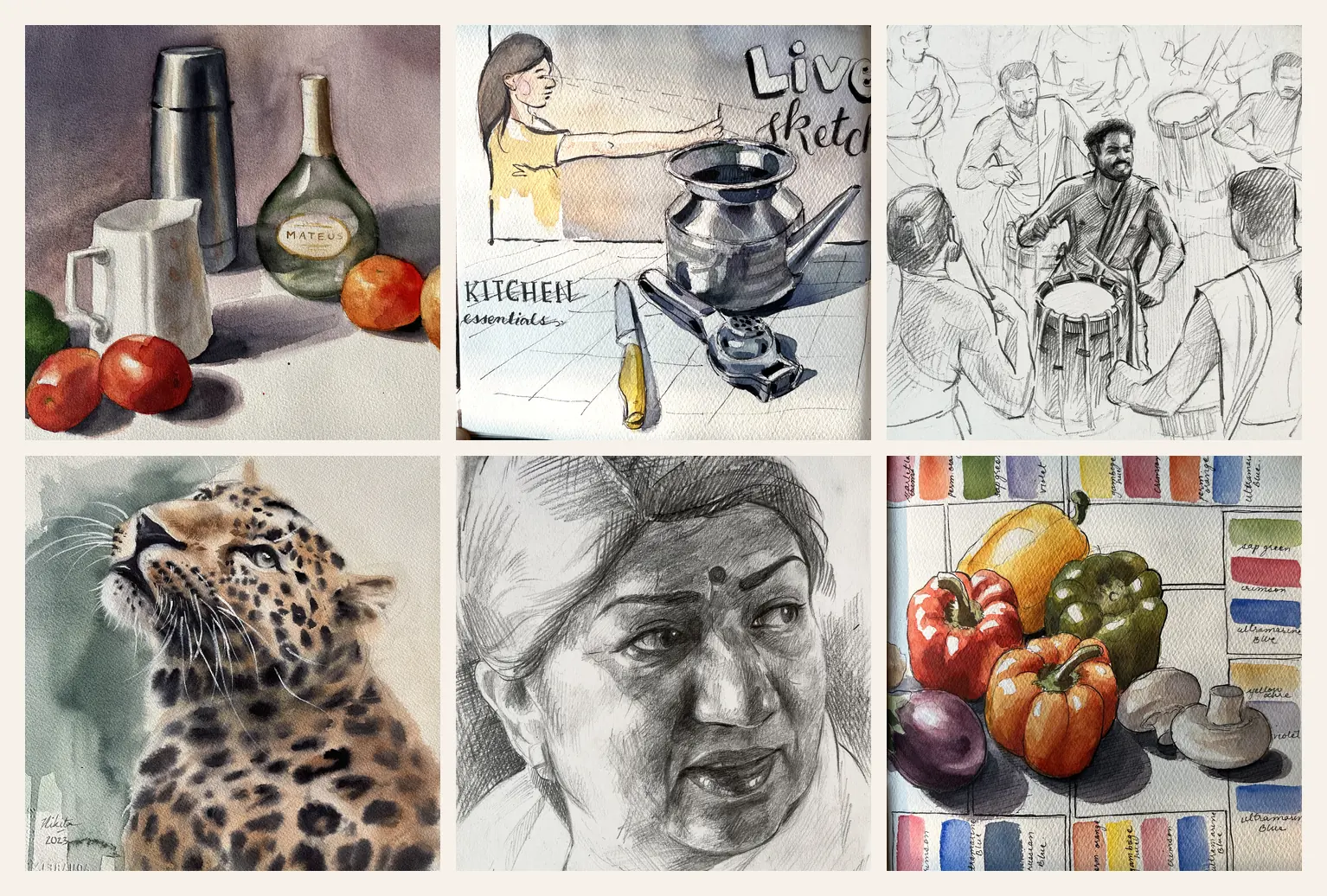 Six artworks arranged in a grid: a still life, a kitchen journal page, a graphite study of drummers, a watercolour leopard, a portrait in pencil, and peppers among pigment swatches