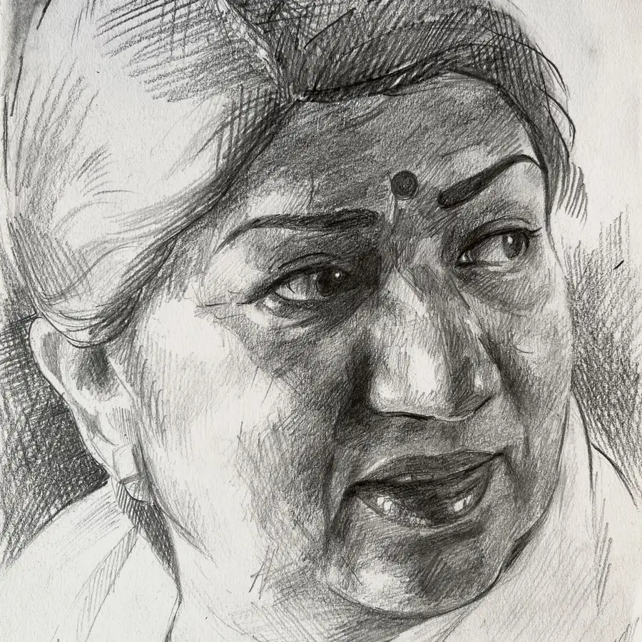 A graphite portrait of an older Indian woman wearing a bindi, looking slightly away from the viewer