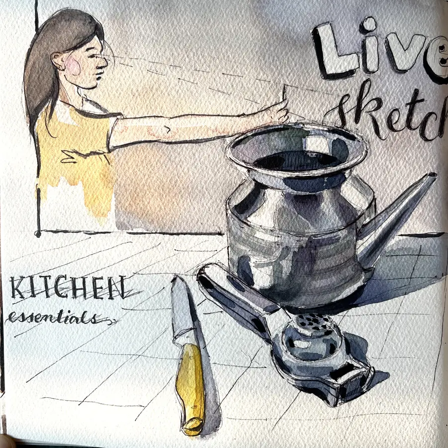 A sketchbook page in ink and watercolour: a woman holding her arm out to measure, beside a metal pot, stove and knife